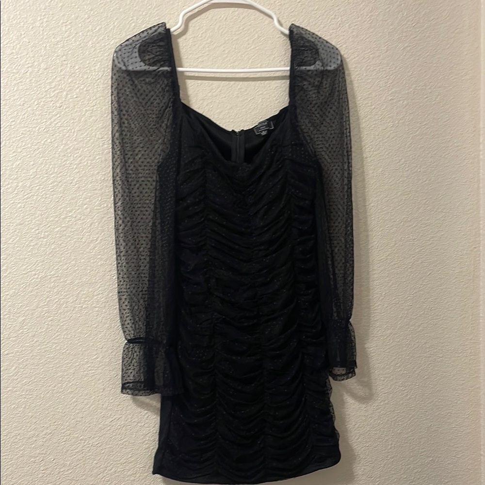 Black Ruched Bodycon Dress with Bishop Sleeves